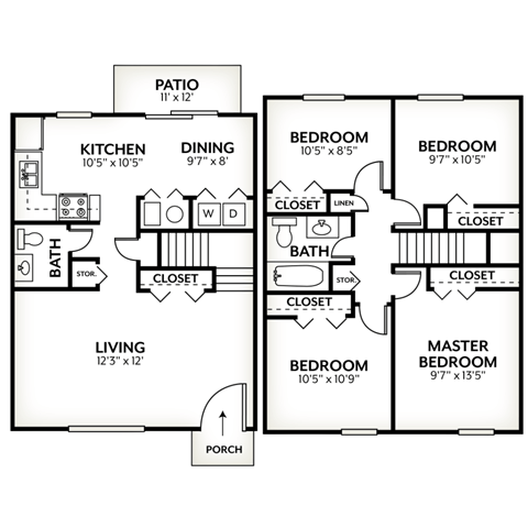Floor plan for 4 beds, 1.5 baths, 1252 sqft